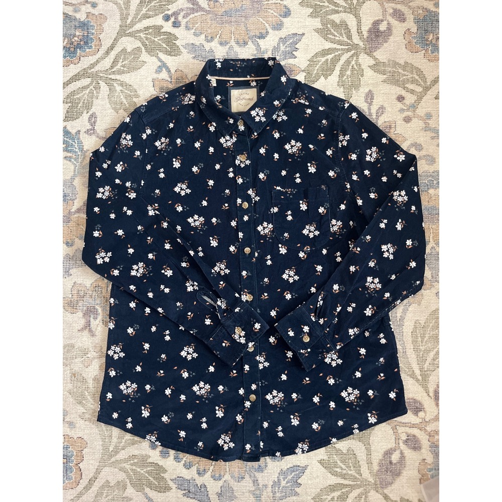 Jachs Girlfriend Button Down Women S Navy Blue Excellent Floral Corduroy Shirt